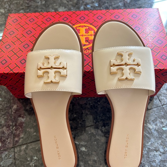 Tory Burch Shoes - Tory Burch Cream Slide Sandals with Gold Logo 7.5